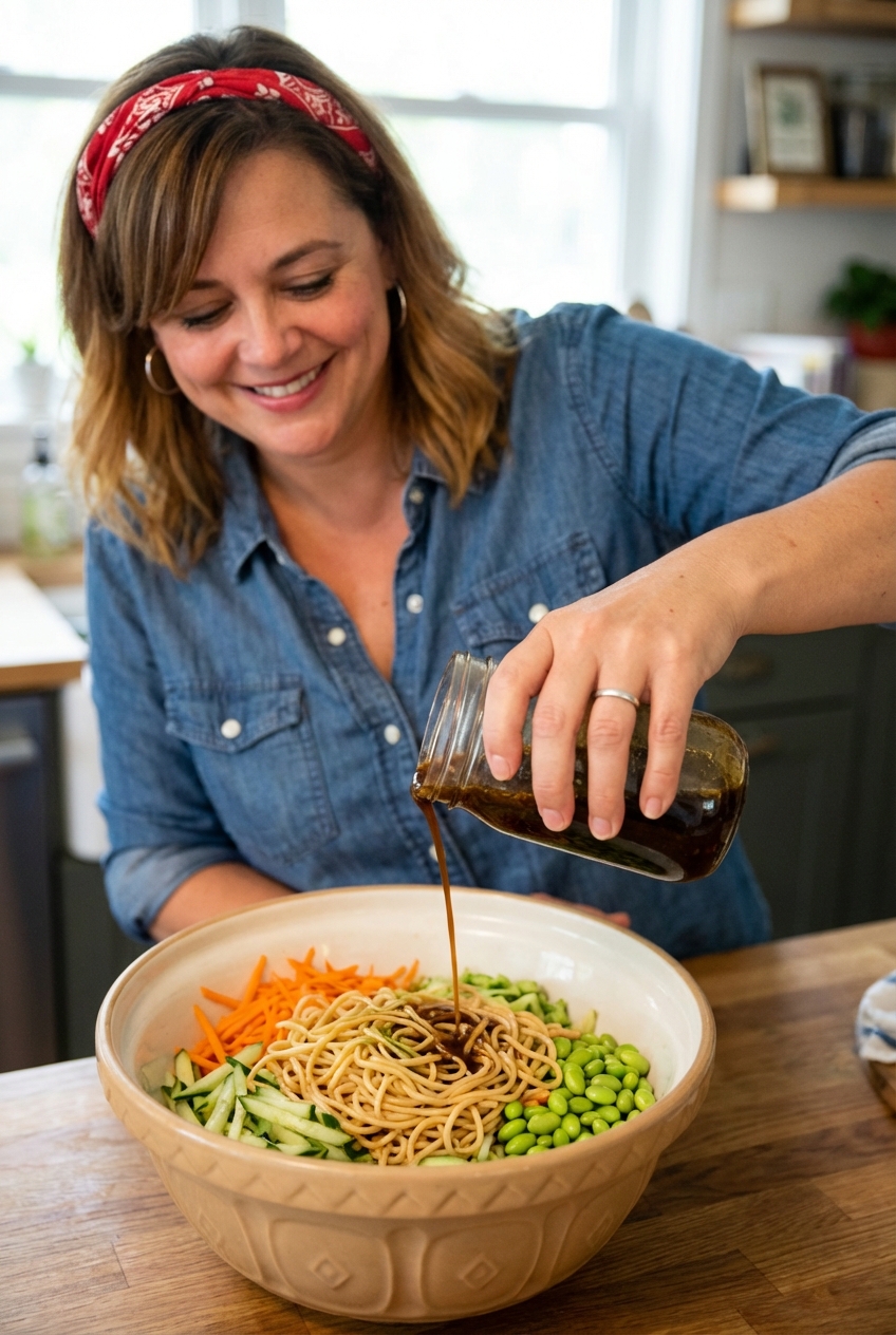A hand pouring a citrus soy dressing over chilled lo mein noodles in a large mixing bowl