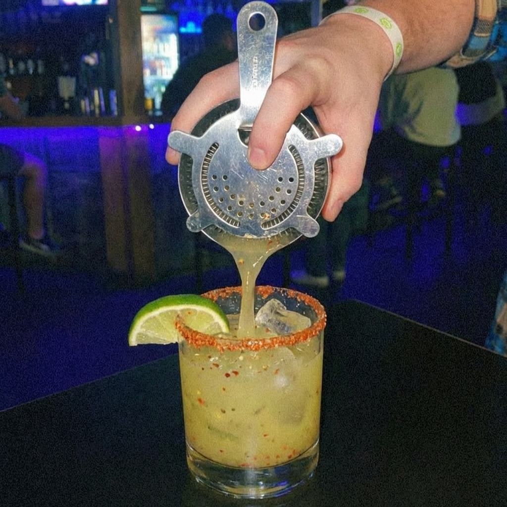 A hand pouring a strained spicy margarita from a shaker into a rimmed rocks glass filled with ice