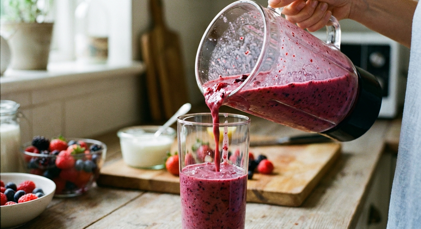 A hand pouring a thick berry smoothie from a blender into a clear glass