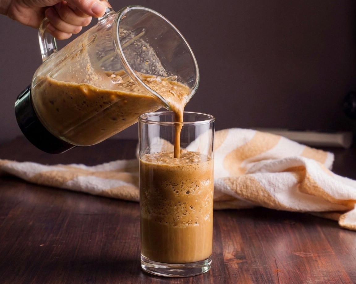 A hand pouring a thick blended coffee Frappuccino from a blender into a tall clear glass on a bright kitchen counter