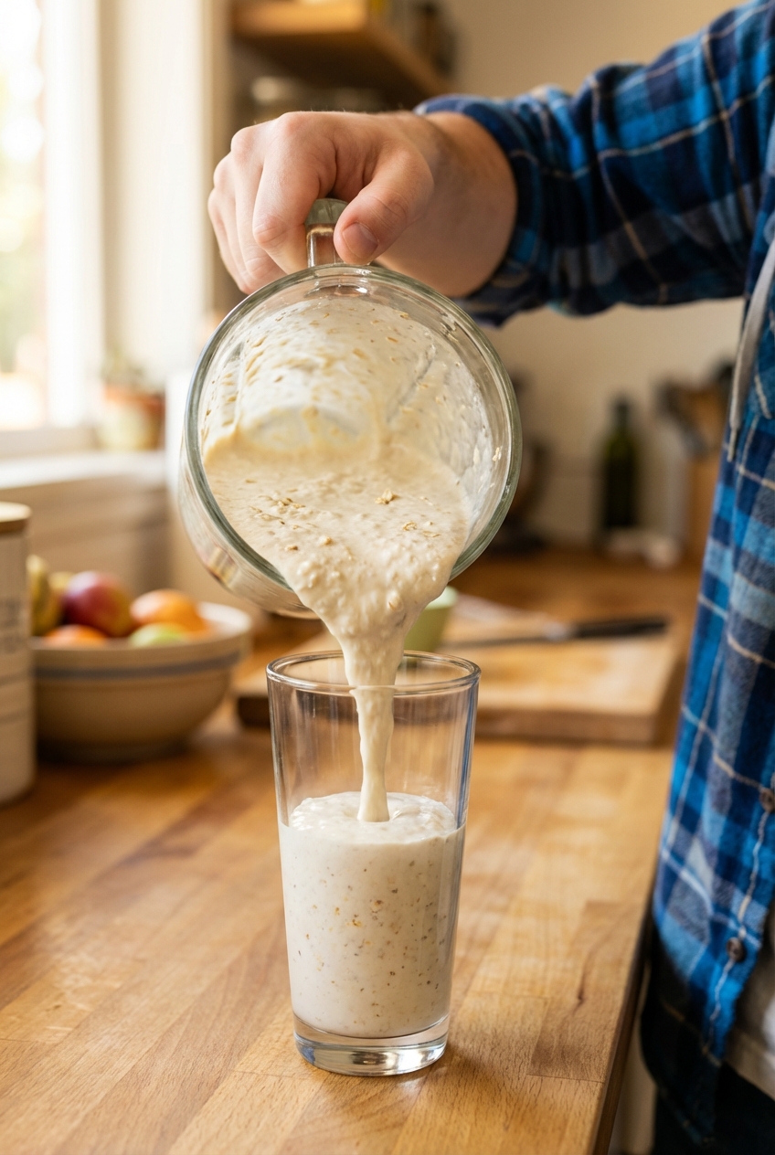 A hand pouring a thick, creamy protein breakfast shake from a blender into a tall glass