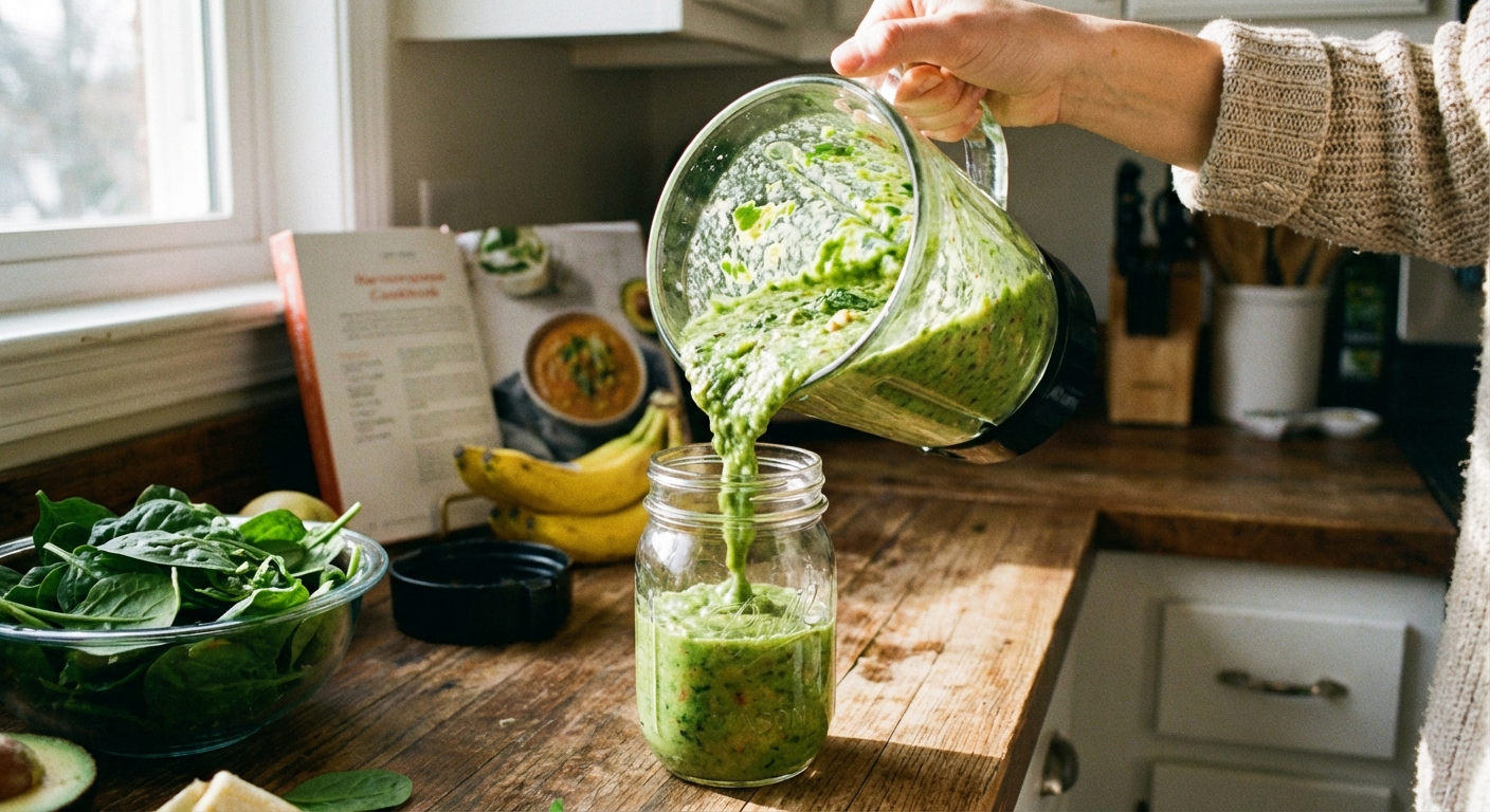 A hand pouring a thick green smoothie from a blender into a clear glass on a kitchen counter