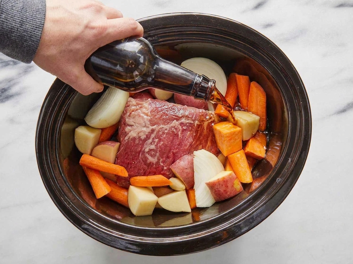A hand pouring beef broth into a slow cooker along the side of the corned beef brisket