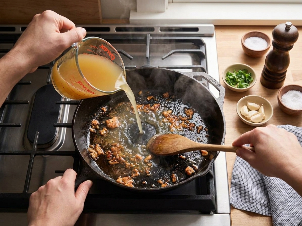 A hand pouring broth into a skillet while scraping browned bits with a wooden spoon