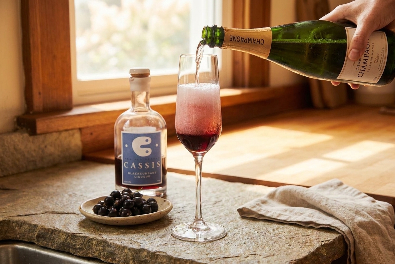 A hand pouring chilled Champagne into a flute with crème de cassis already in the bottom, creating a gentle pink gradient