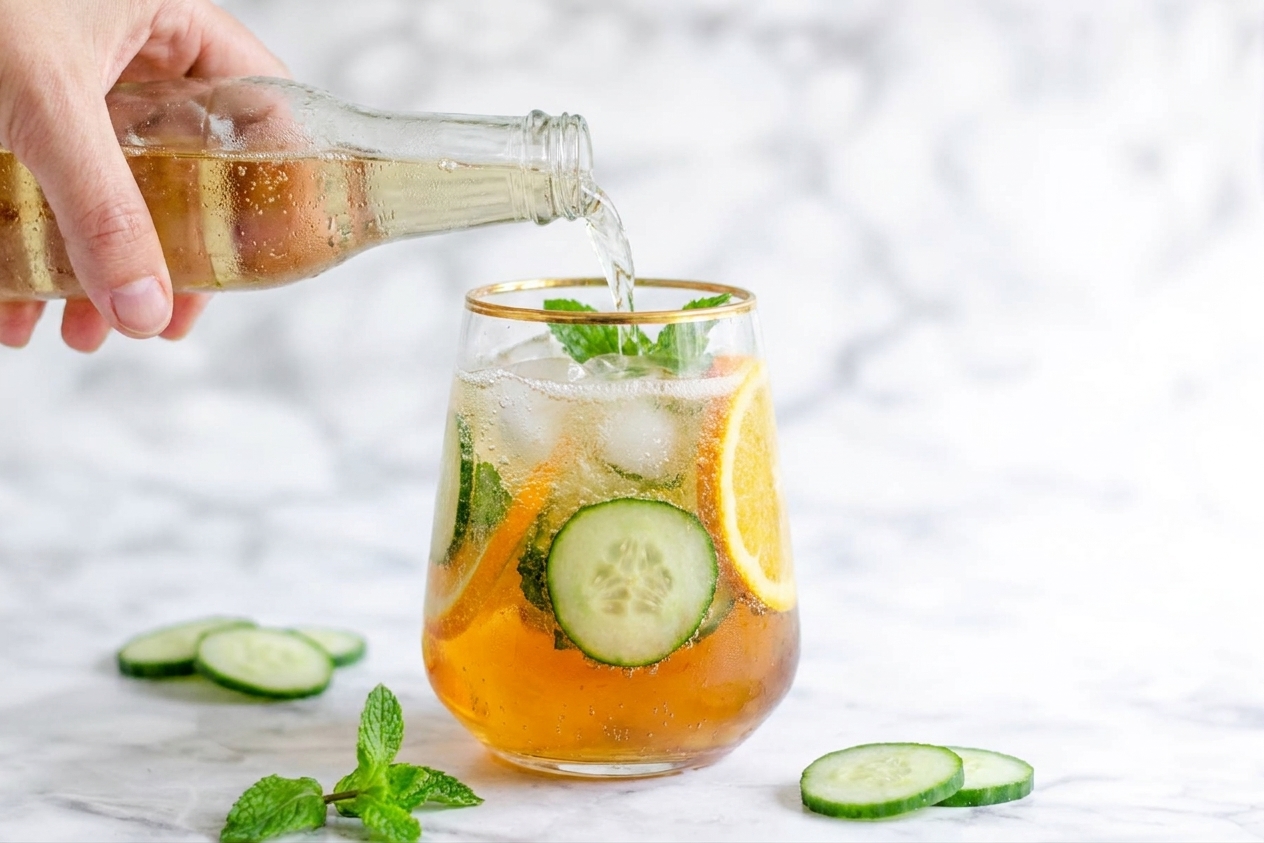 A hand pouring chilled ginger ale into an ice-filled glass with Pimm’s, cucumber slices, and citrus on a bright kitchen counter