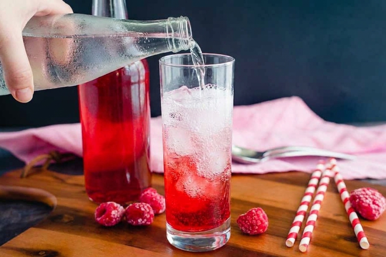 A hand pouring chilled sparkling water into a tall glass with ice and red fruit syrup, bubbles rising