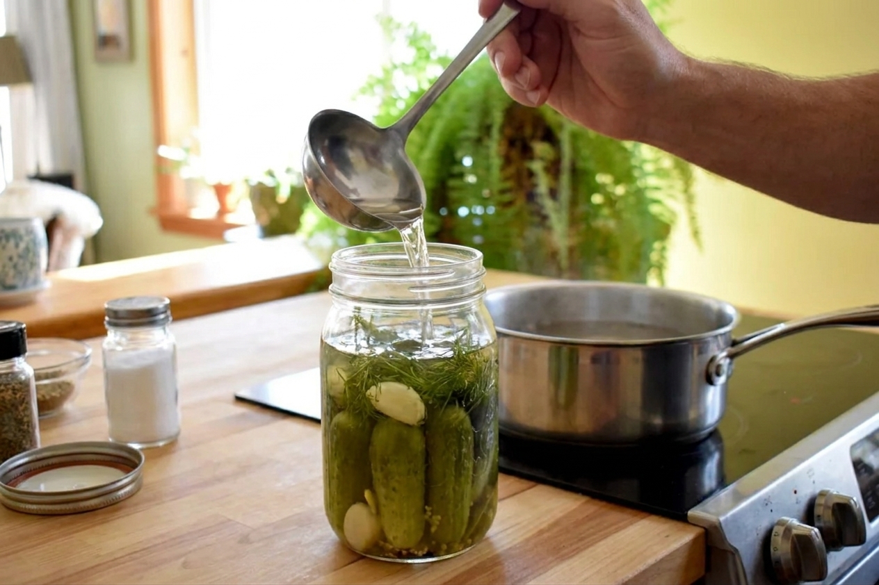 A hand pouring clear vinegar brine into a mason jar filled with cucumbers, dill, and garlic on a kitchen counter