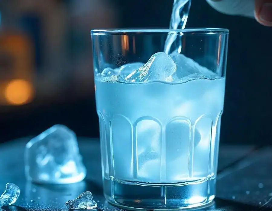A hand pouring clear vodka from a bottle into a rocks glass filled with ice on a home kitchen counter