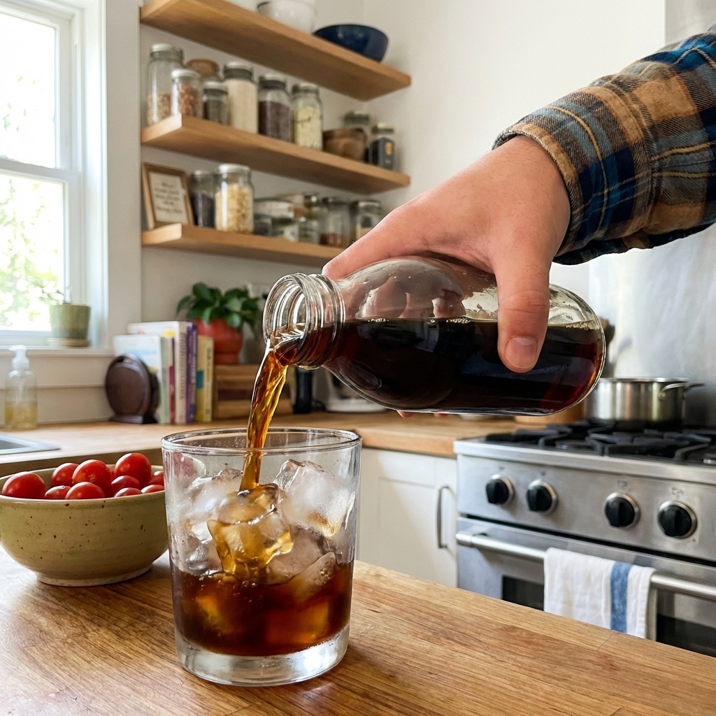 A hand pouring cold brew concentrate into a glass over ice in a bright home kitchen