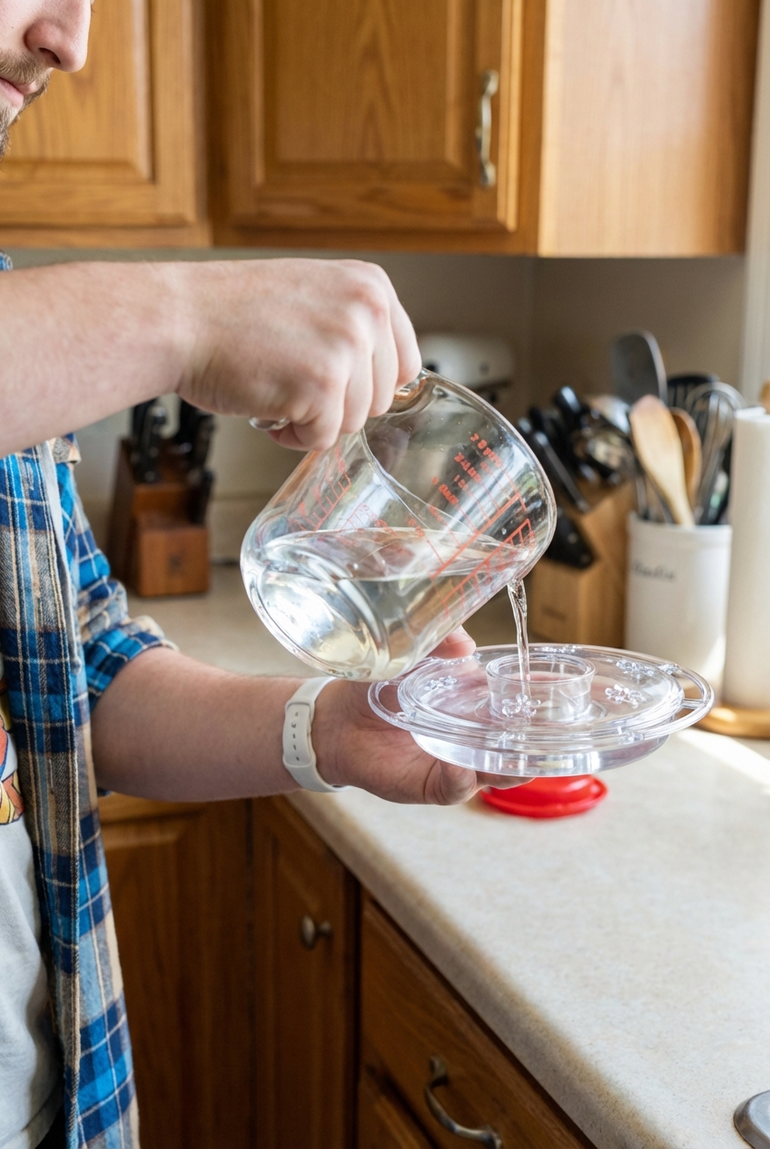 A hand pouring cooled clear nectar from a glass measuring cup into a clean hummingbird feeder at a kitchen counter