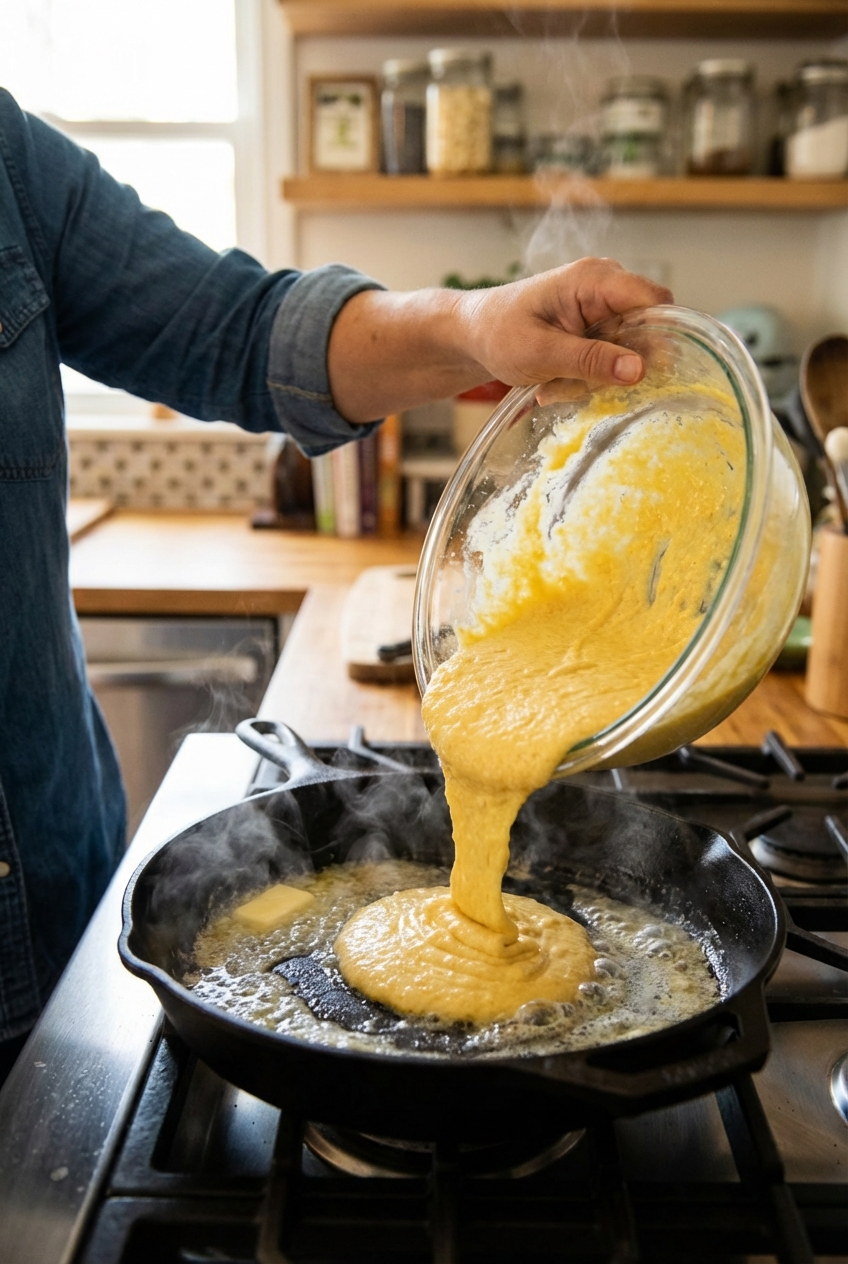 A hand pouring cornbread batter into a hot buttered cast iron skillet in a home kitchen