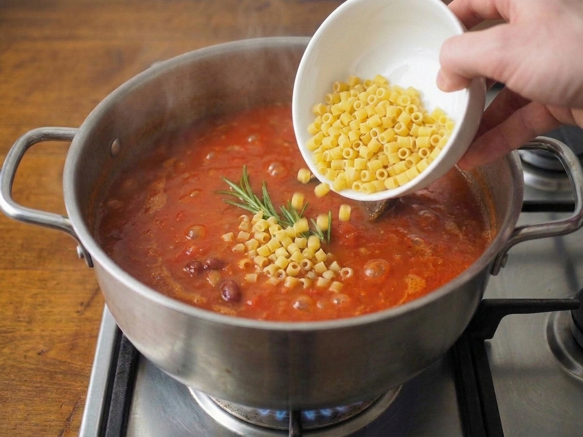 A hand pouring ditalini pasta into a simmering pot of bean and tomato soup on the stove