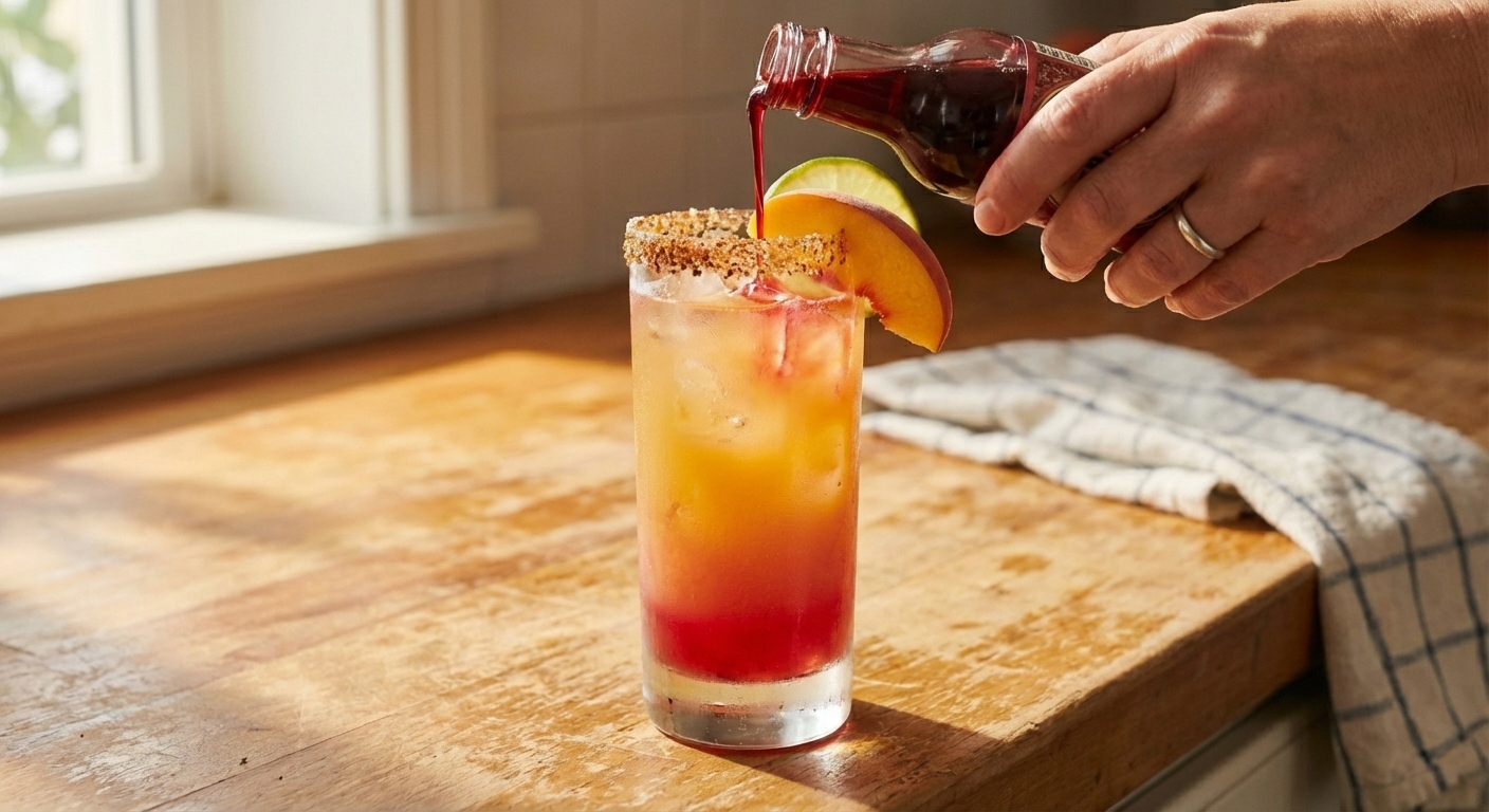 A hand pouring grenadine into a tall iced cocktail, creating a red-to-orange gradient in the glass