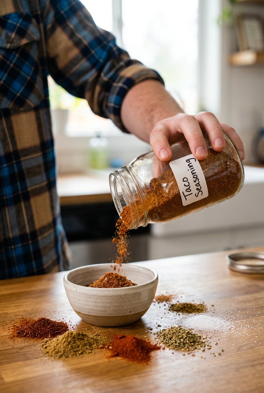 A hand pouring homemade taco seasoning from a jar into a small bowl with spices scattered on a countertop