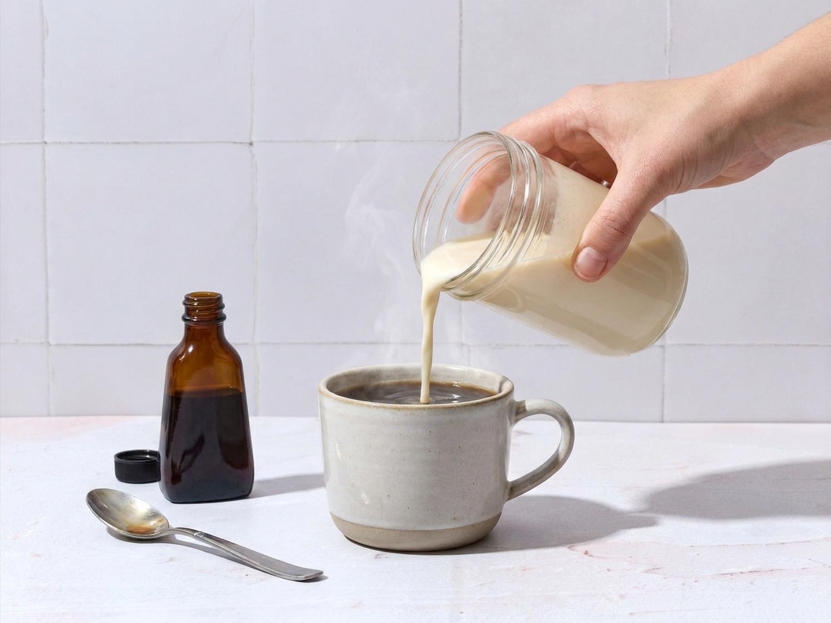 A hand pouring homemade vanilla coffee creamer from a glass jar into a mug of hot coffee on a kitchen counter