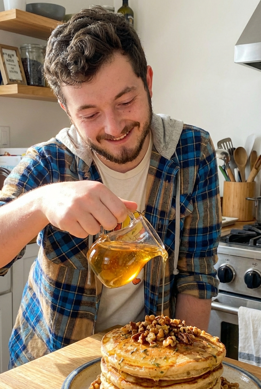 A hand pouring honey herb drizzle over a stack of pancakes topped with toasted nuts