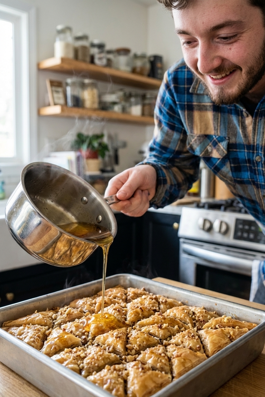 A hand pouring hot honey lemon syrup from a small saucepan over freshly baked diamond cut baklava in a metal pan, syrup glistening as it falls, close up photorealistic food photography