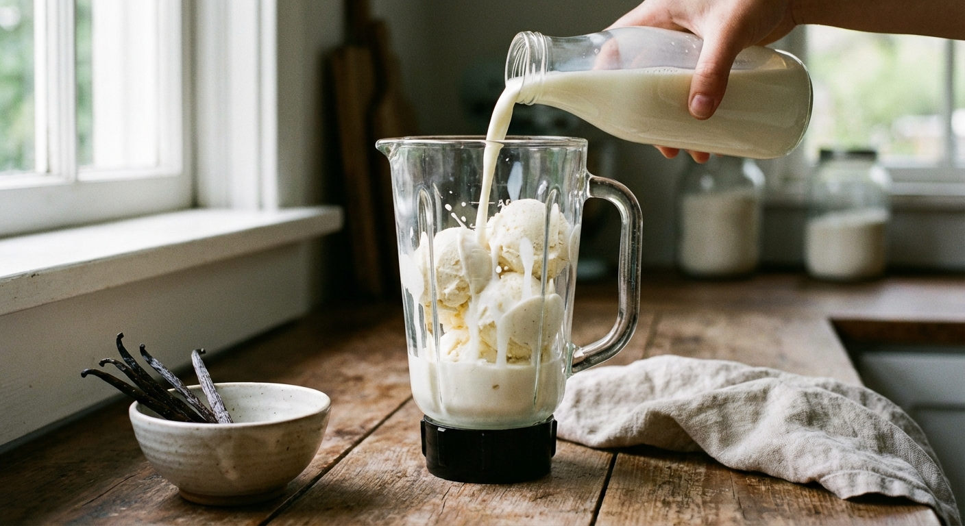 A hand pouring milk into a blender jar with vanilla ice cream scoops inside