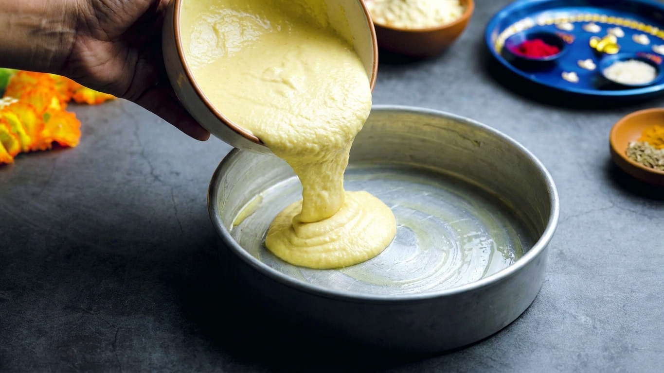 A hand pouring pale yellow dhokla batter from a bowl into a greased round cake pan on a kitchen counter