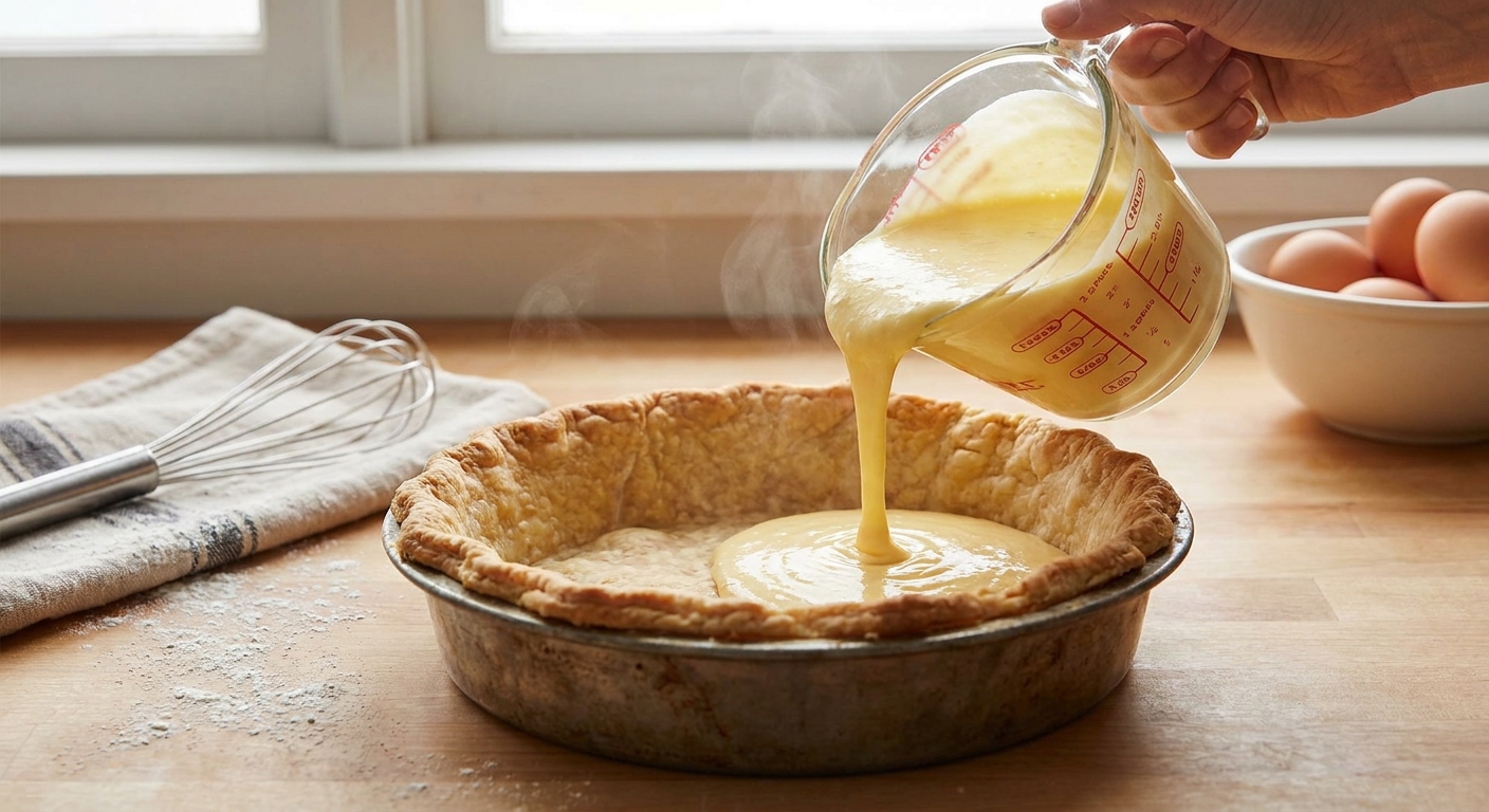 A hand pouring pale yellow egg and cream custard from a glass measuring cup into a warm, blind-baked pie crust in a metal deep-dish pie pan