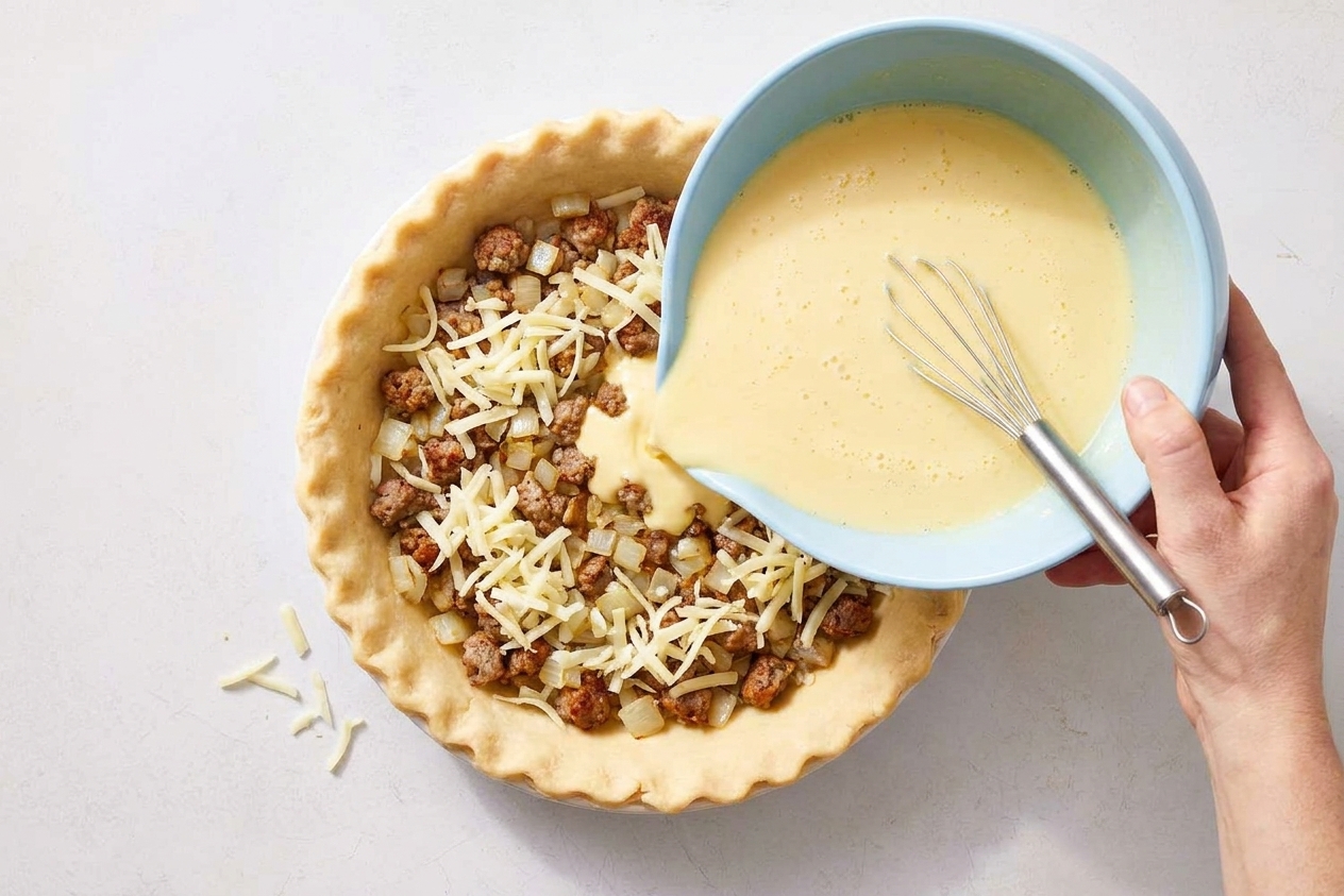 A hand pouring pale yellow egg custard from a mixing bowl into a pie crust filled with browned sausage, onions, and shredded cheese on a kitchen counter