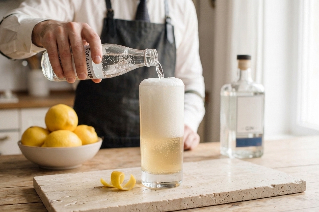 A hand pouring soda water into a tall glass of gin fizz as a foamy cap rises to the top on a stone countertop