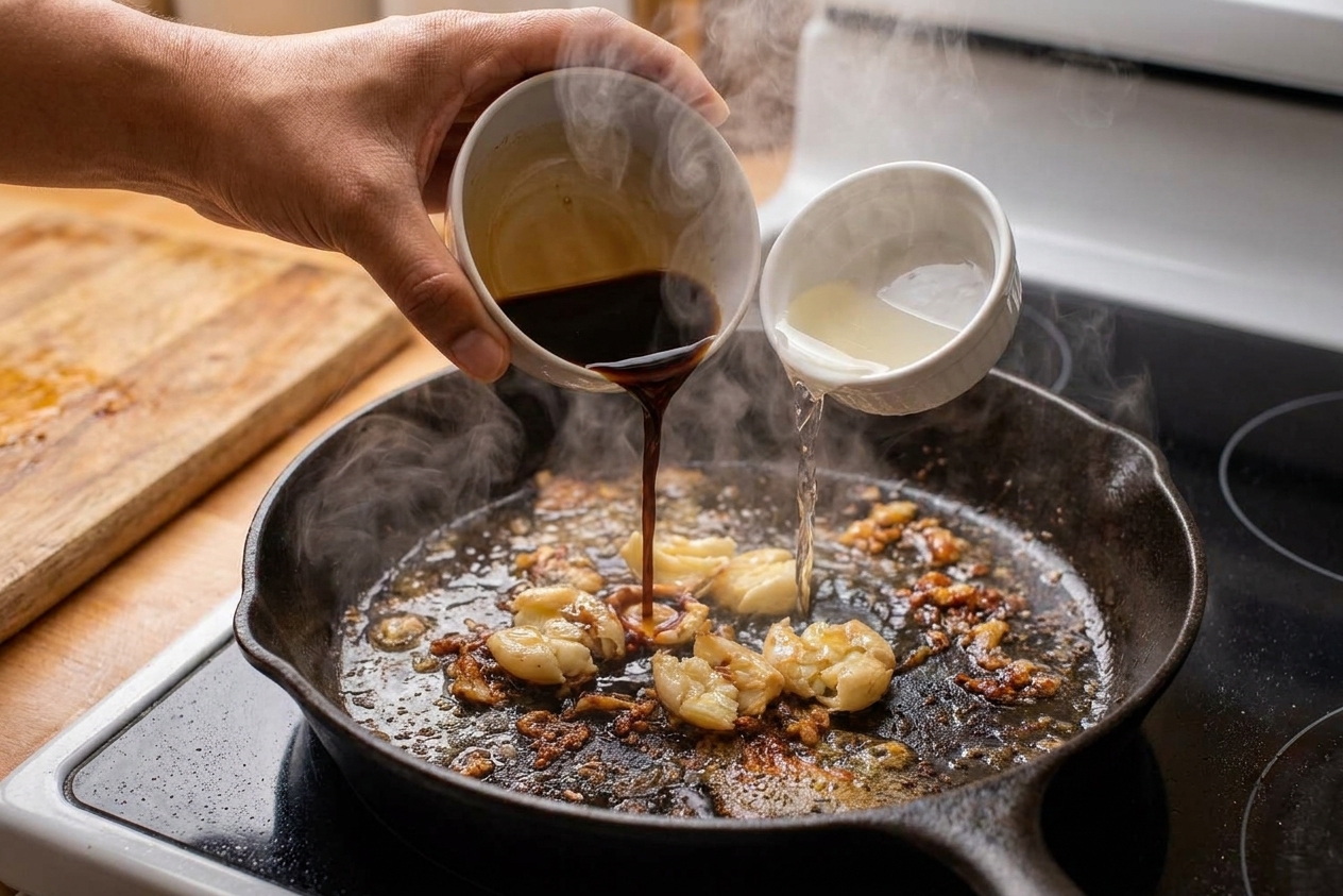 A hand pouring soy sauce and vinegar into a hot skillet with garlic and browned bits, steam rising