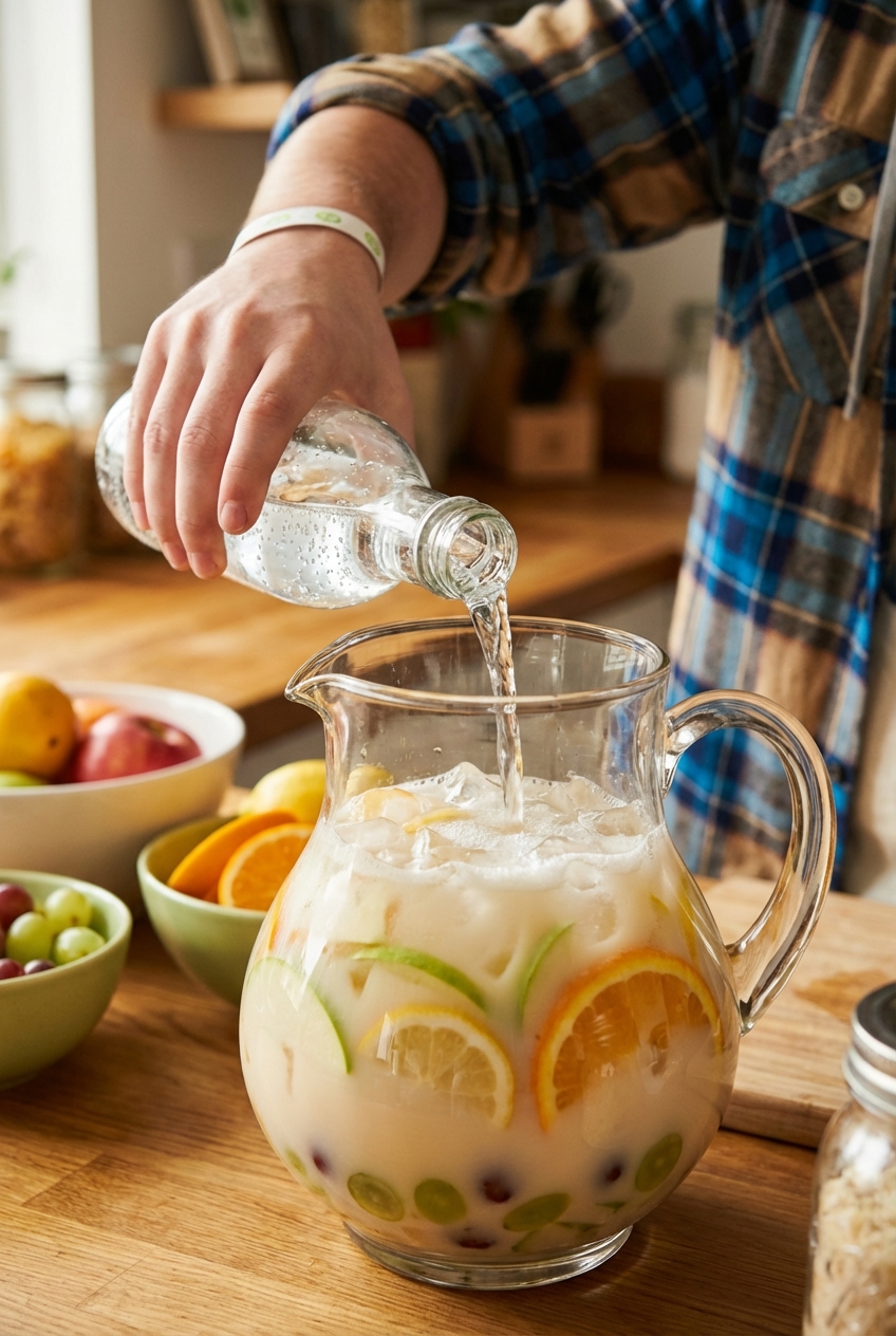 A hand pouring sparkling water into a pitcher of creamy white sangria with fruit and ice