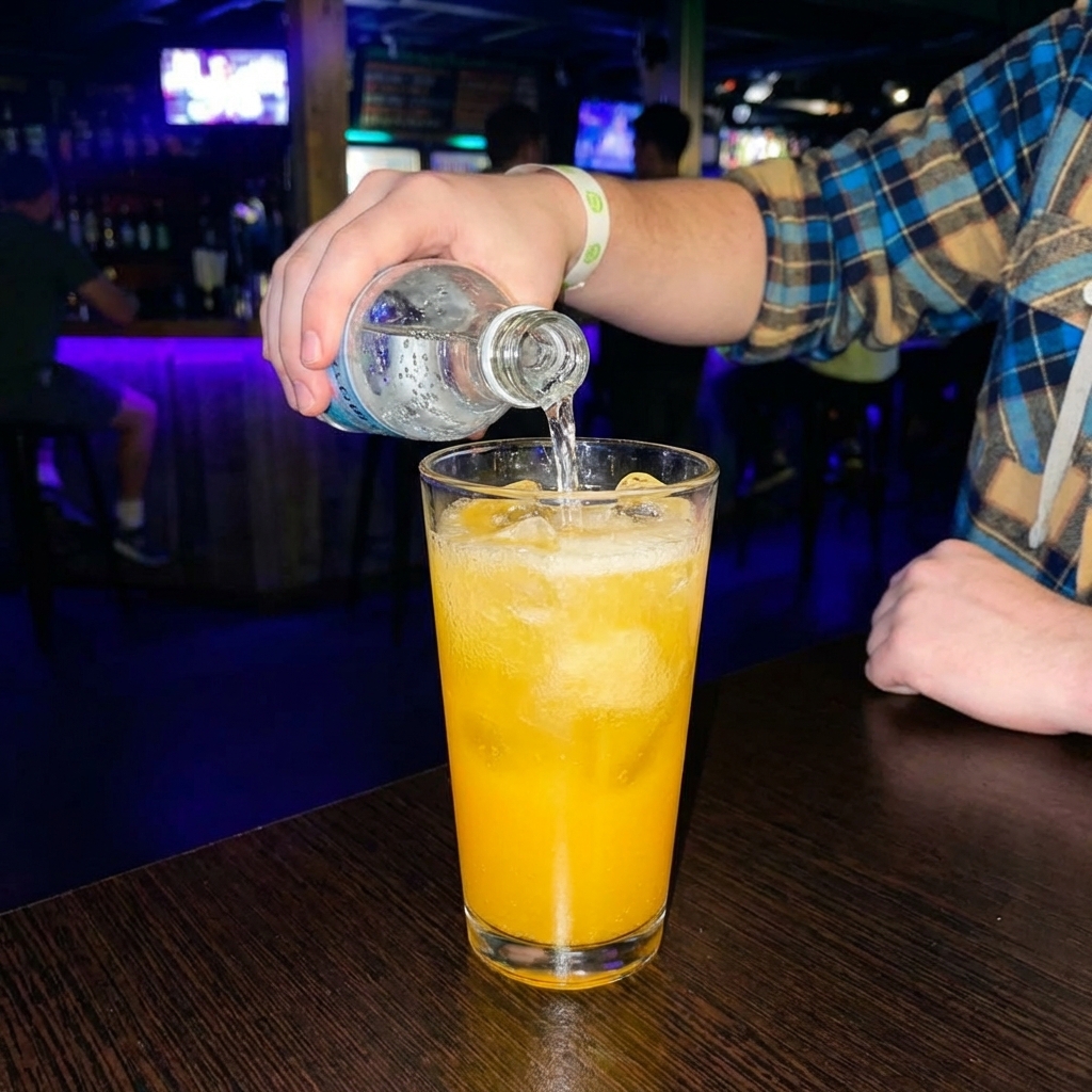 A hand pouring sparkling water into an orange citrus drink in a glass with ice