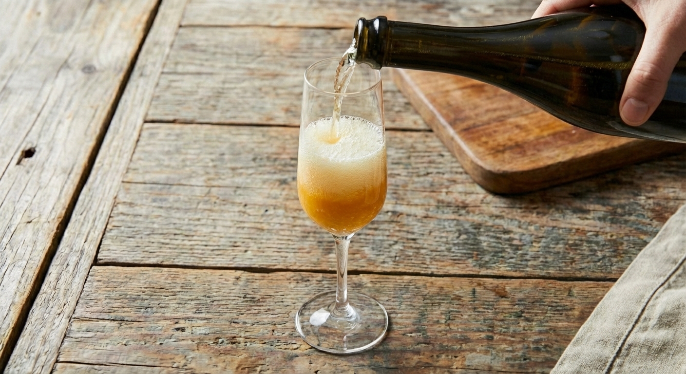 A hand pouring sparkling wine into a flute with peach puree at the bottom