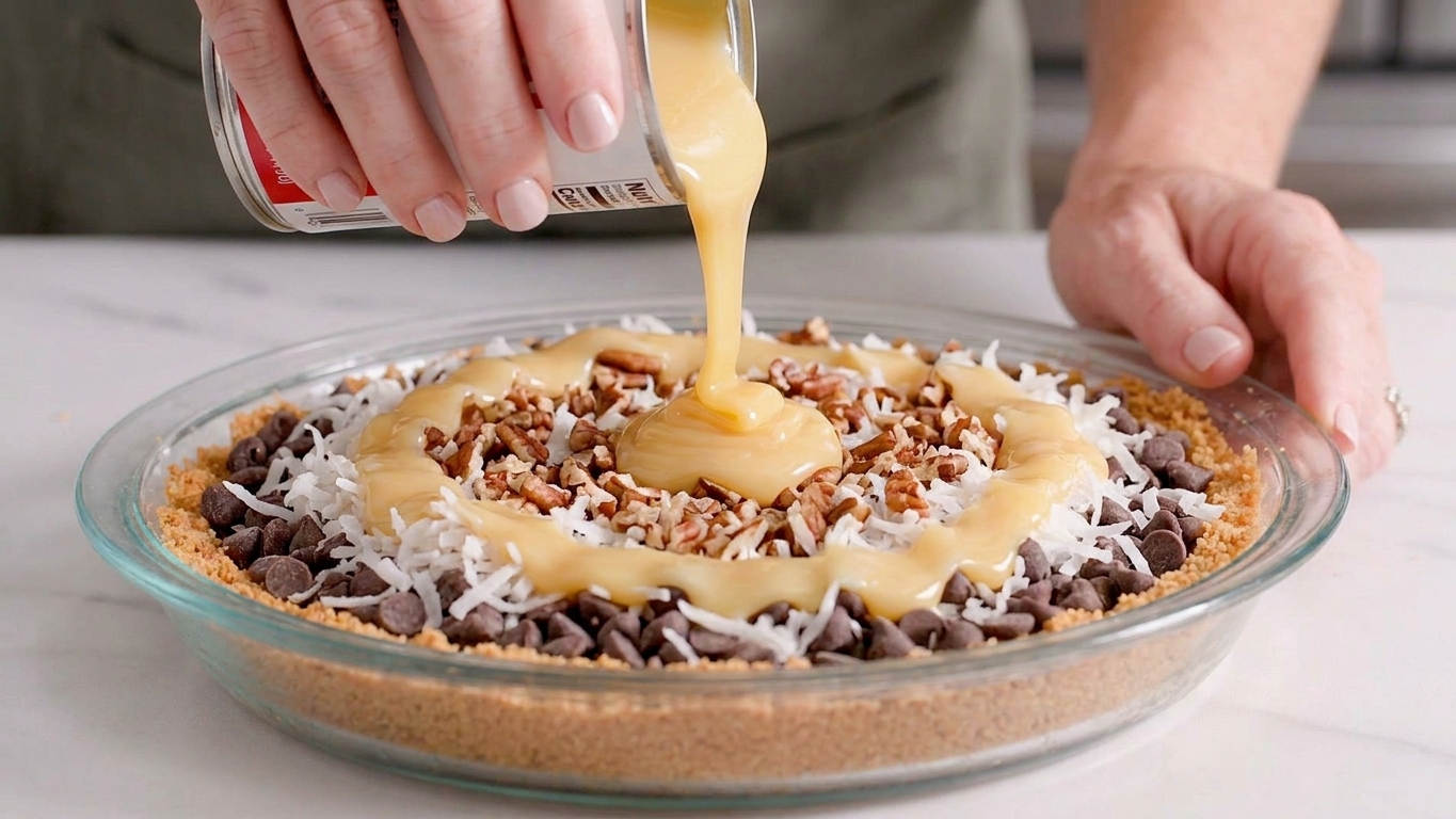 A hand pouring sweetened condensed milk evenly over layered chocolate chips, coconut, and nuts in a baking pan before baking