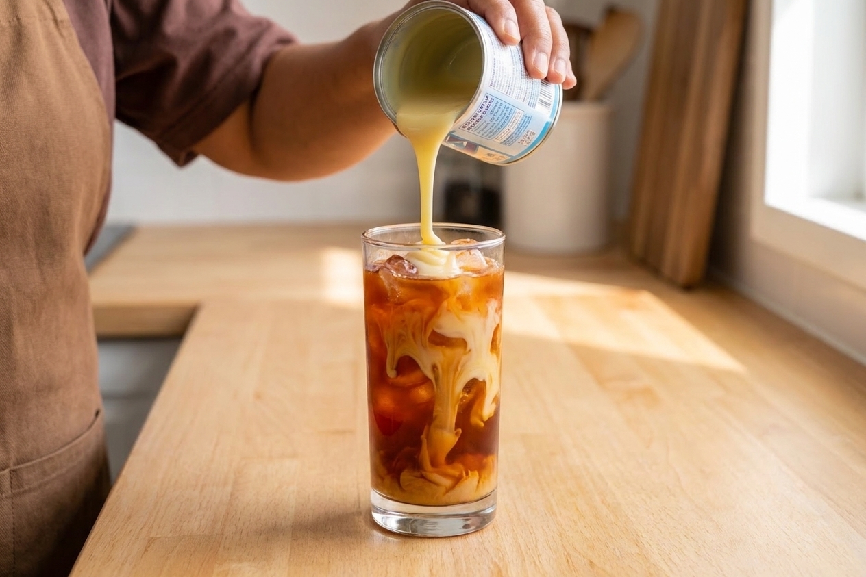 A hand pouring sweetened condensed milk into a glass of iced Thai tea, creating light creamy ribbons through the dark tea
