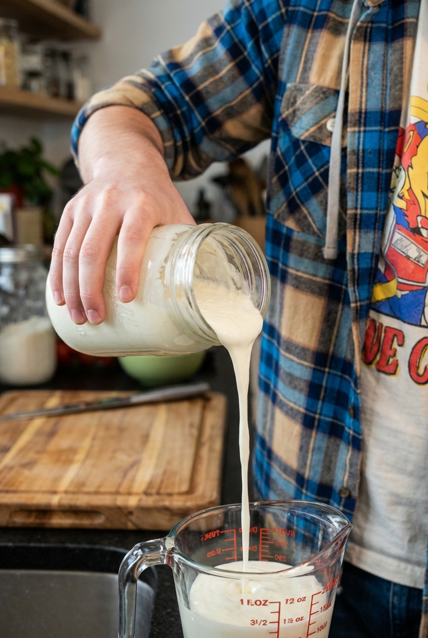 A hand pouring thick cultured buttermilk from a jar into a measuring cup on a kitchen counter