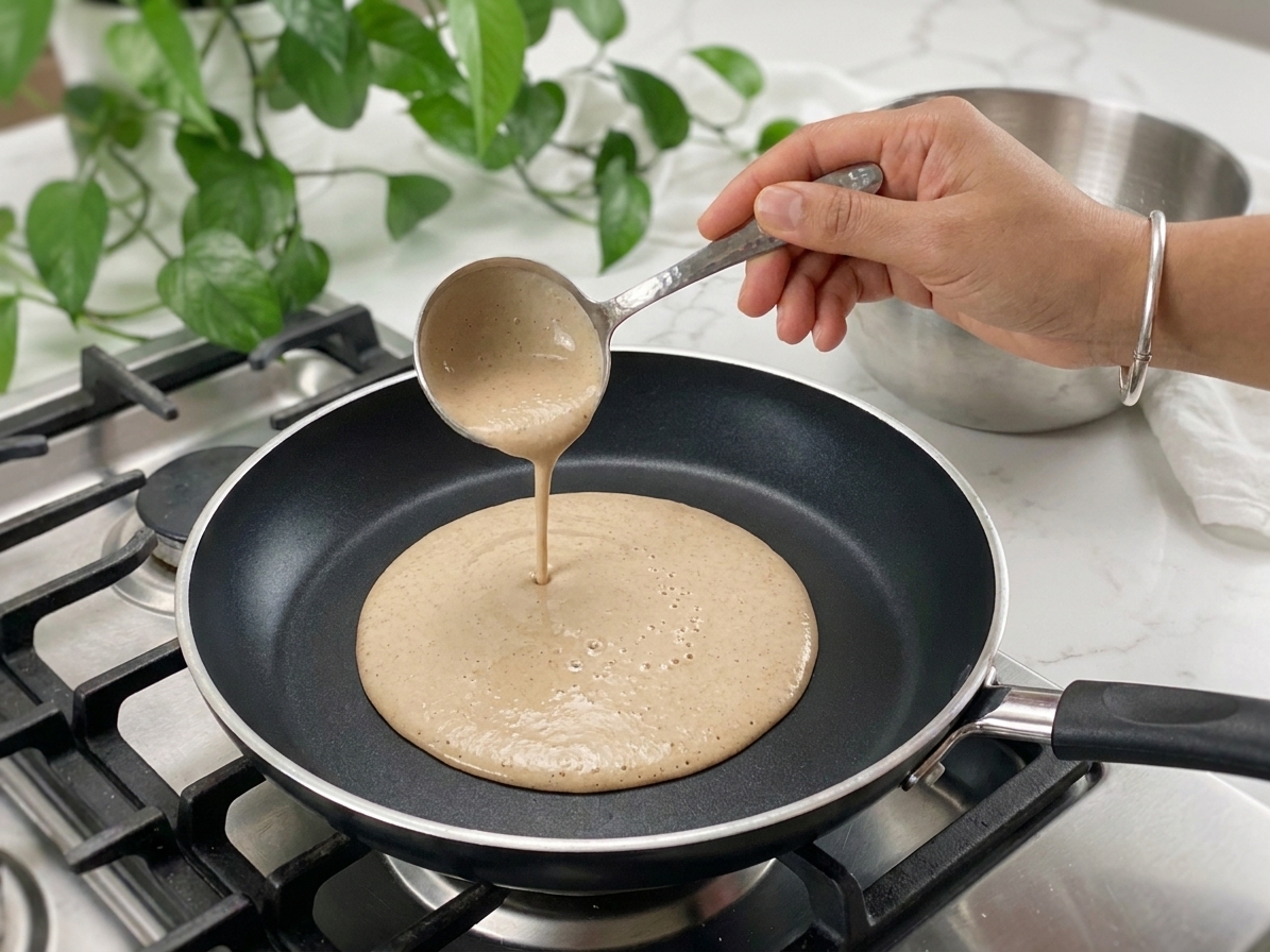 A hand pouring thin fermented injera batter into a preheated nonstick skillet on a stovetop