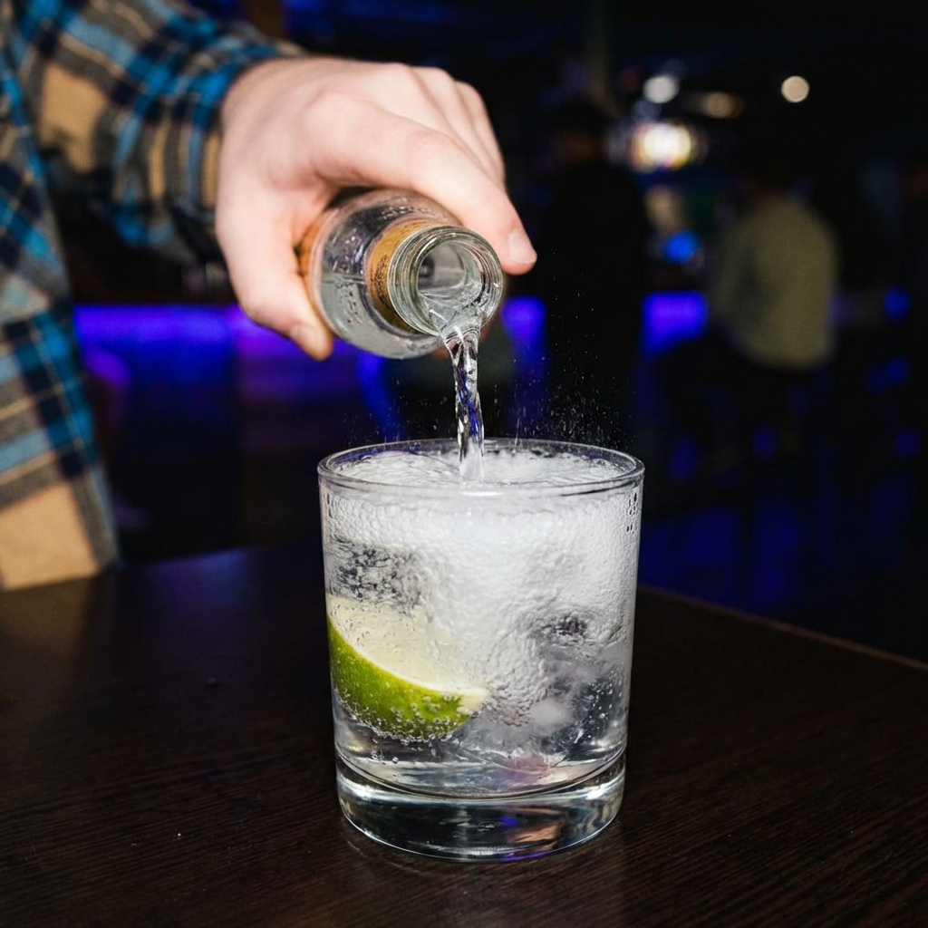 A hand pouring tonic water from a small bottle into a gin and tonic over ice, with bubbles rising fast