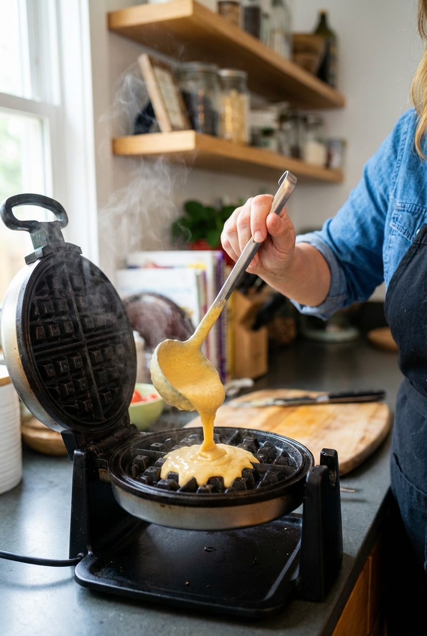 A hand pouring waffle batter into a hot waffle iron