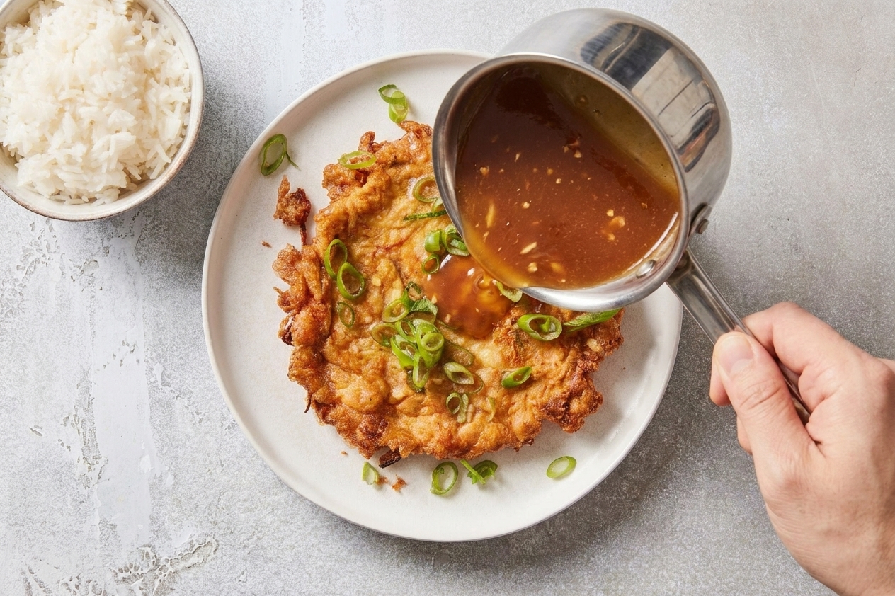 A hand pouring warm brown gravy from a small saucepan over freshly fried egg foo yung patties on a plate