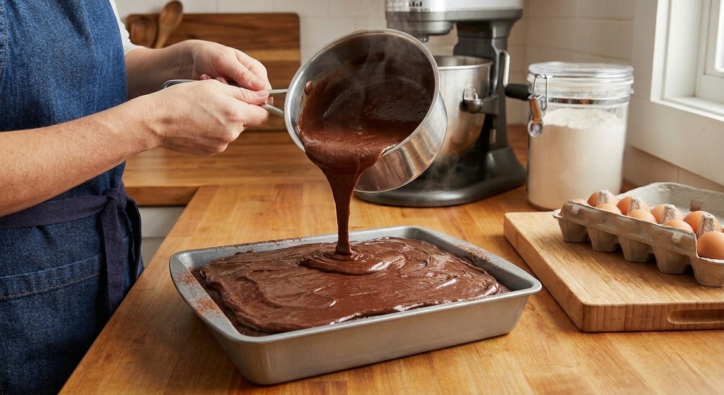 A hand pouring warm cocoa frosting from a saucepan over a baked chocolate sheet cake in a rectangular pan on a kitchen counter