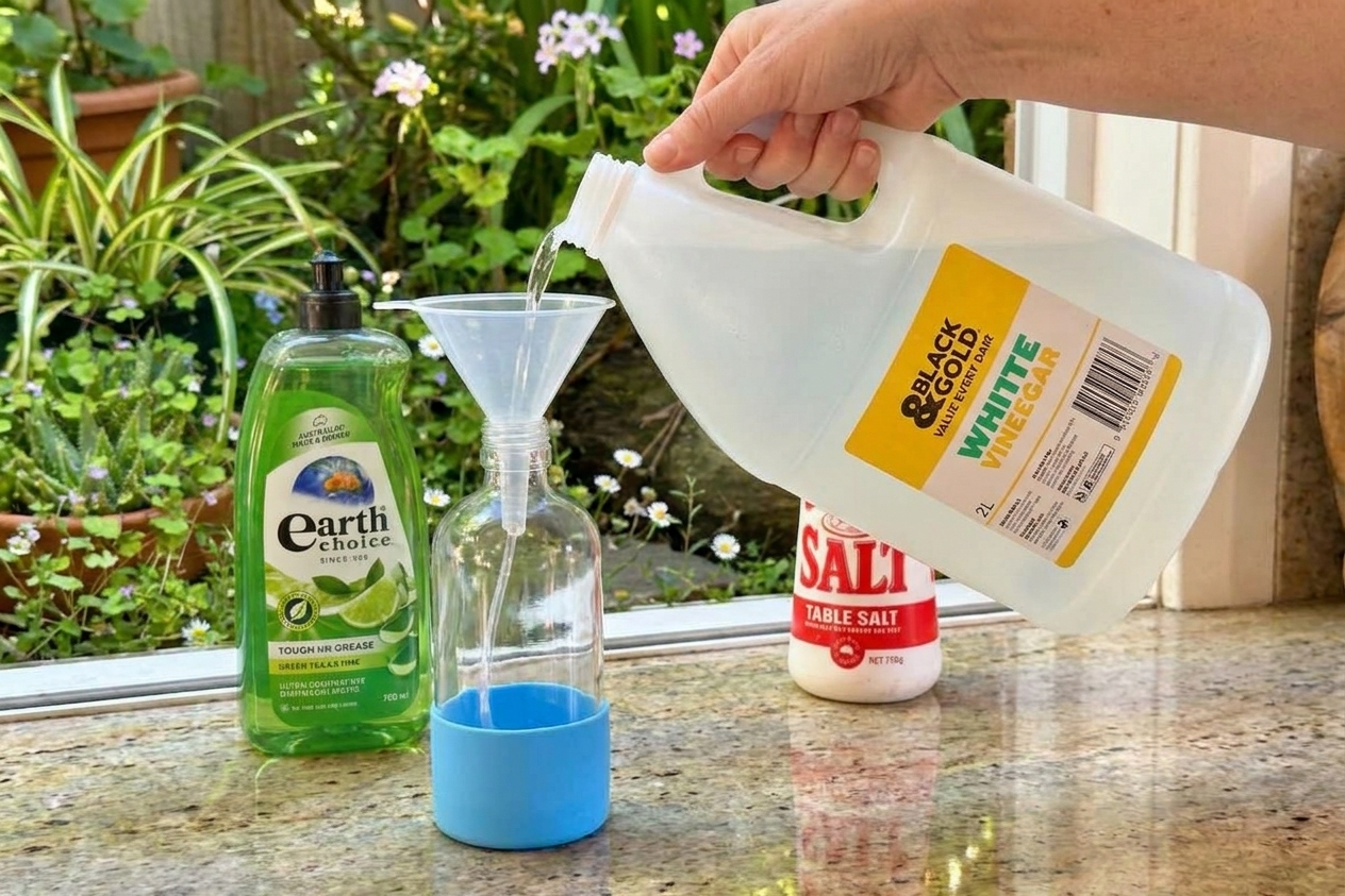 A hand pouring white vinegar through a funnel into a clear plastic spray bottle on a kitchen counter
