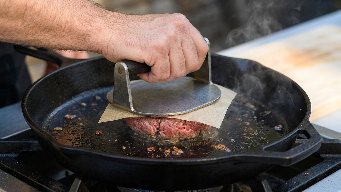 A hand pressing a ball of ground beef with a sturdy spatula using parchment paper on a hot cast iron skillet