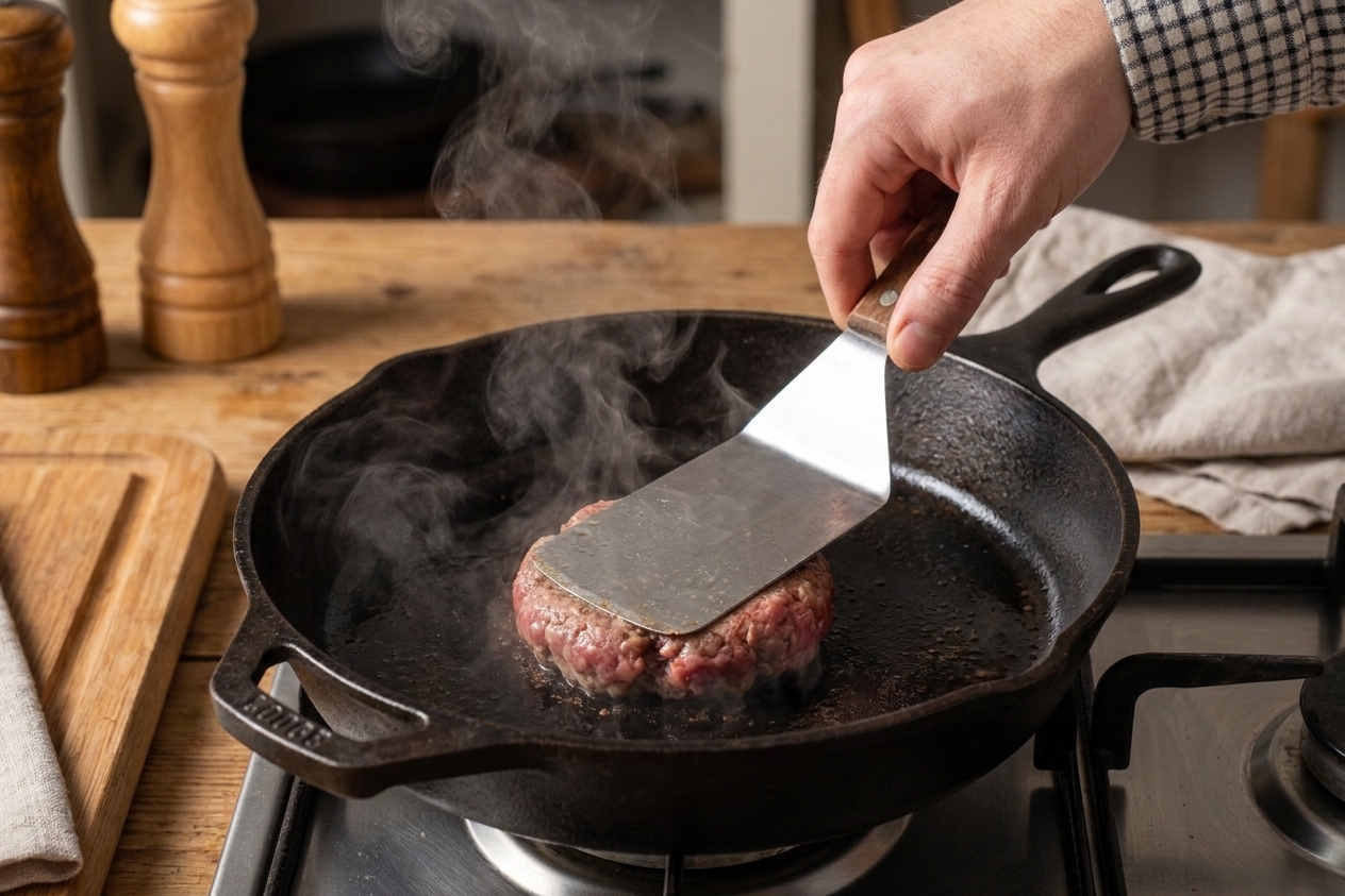 A hand pressing a beef ball flat with a sturdy metal spatula in a hot cast iron skillet, steam rising from the pan