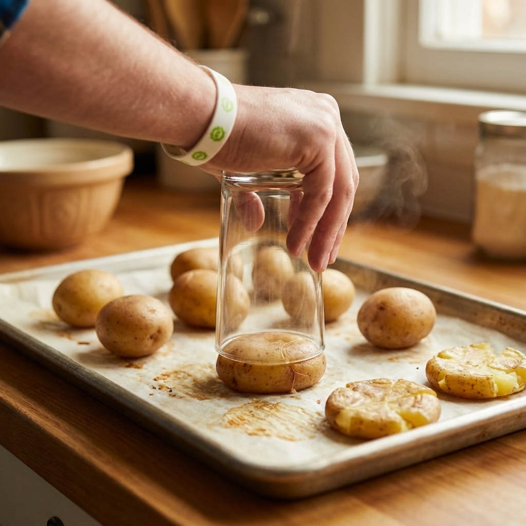 A hand pressing a boiled baby potato flat with the bottom of a glass on a parchment-lined baking sheet