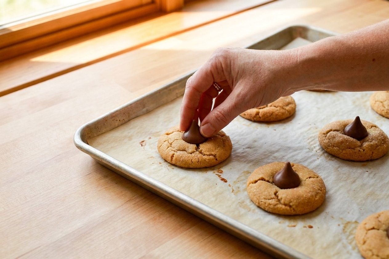 A hand pressing a chocolate kiss into the center of a warm peanut butter cookie on a baking sheet