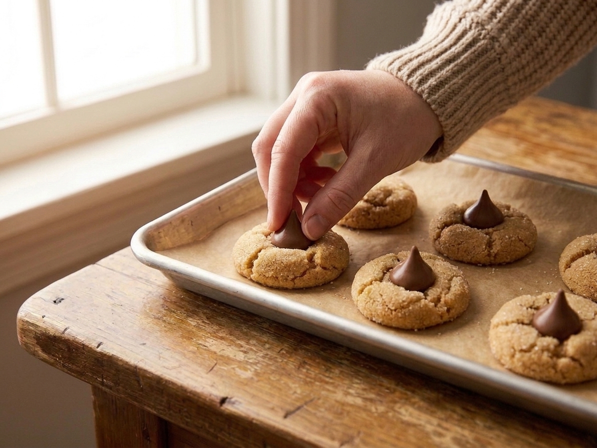 A hand pressing a chocolate kiss into the center of a warm peanut butter cookie on a baking sheet