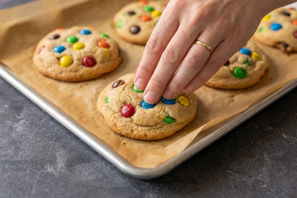 A hand pressing a few M&Ms into warm, freshly baked cookies on a parchment-lined baking sheet