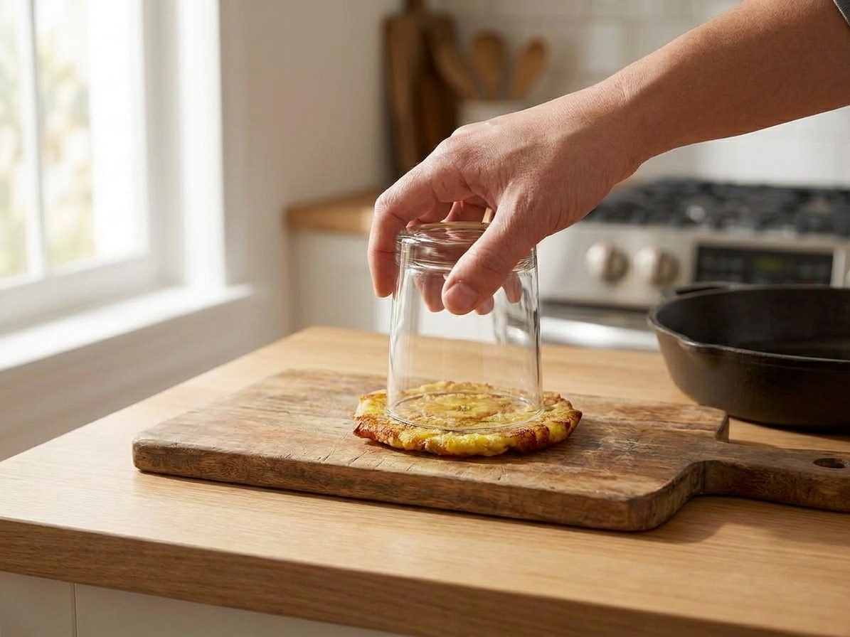 A hand pressing a fried plantain round with the bottom of a glass on a cutting board, flattening it into a tostone