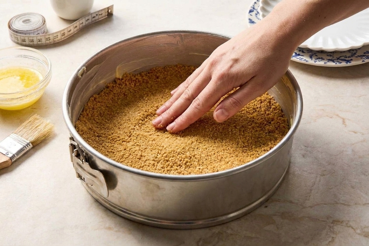 A hand pressing buttery graham cracker crumbs into the bottom of a springform pan to form an even crust on a home kitchen counter