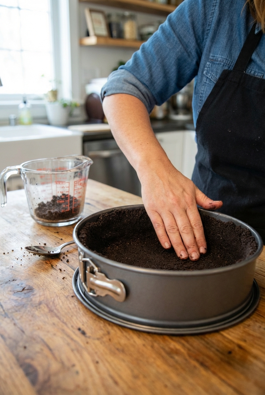 A hand pressing cookie crumb crust into a springform pan on a wooden counter with a measuring cup nearby