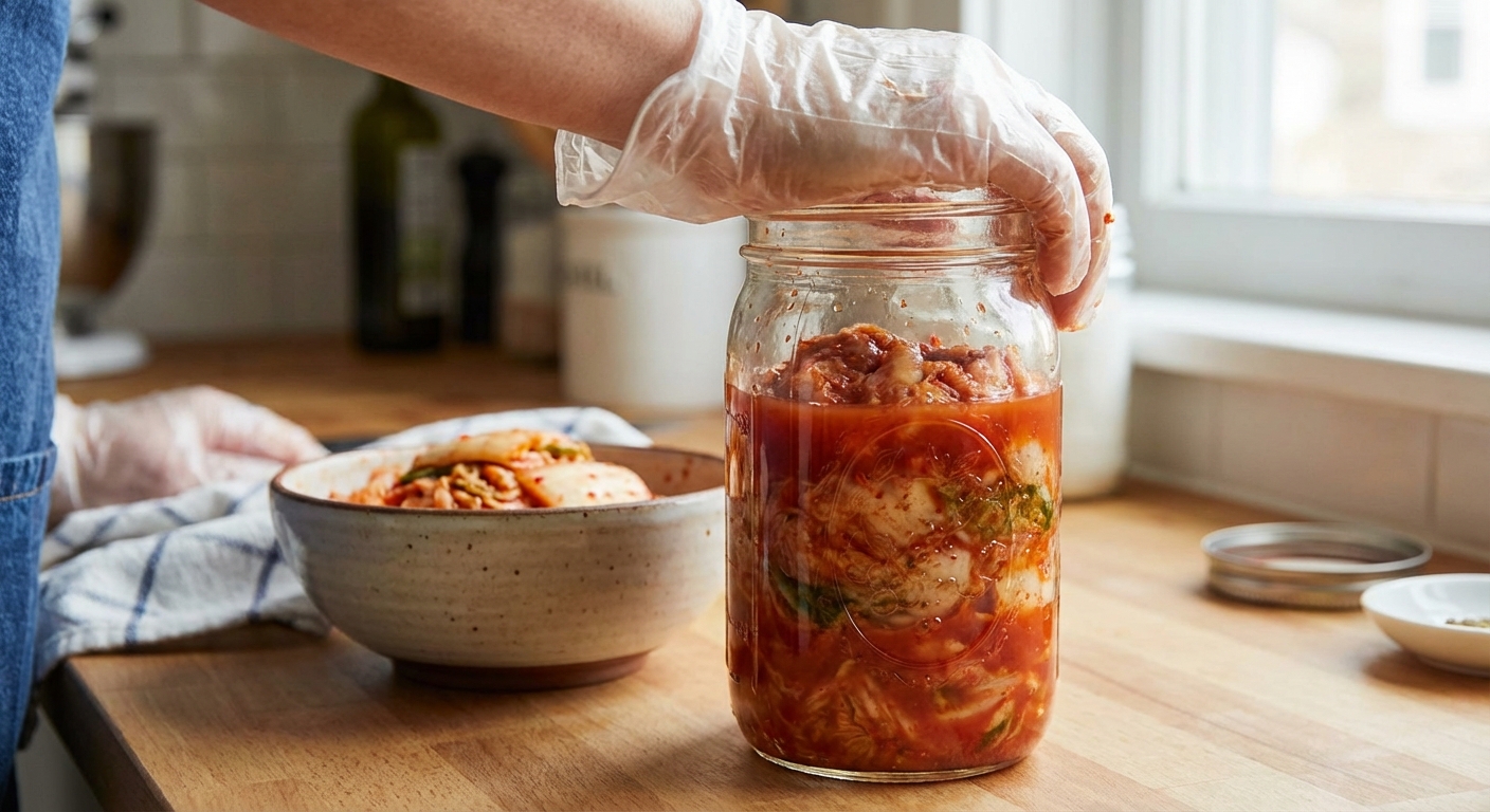 A hand pressing kimchi down into a glass jar so the brine rises above the cabbage